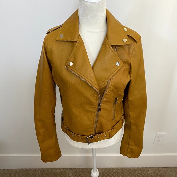 Fashion Nova Araxie Vegan Leather Moto Jacket Mustard Small NWOT - Picture 2 of 6